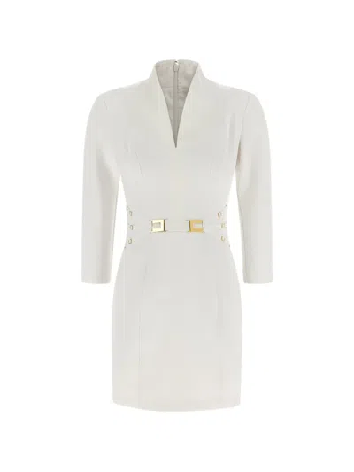 Elisabetta Franchi Logo Dress Elastic Bands V Neckline In White