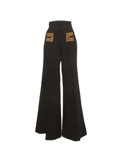 Pre-owned Elisabetta Franchi Logo Chain-detail Bell-bottom Trousers In Black