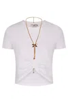 Elisabetta Franchi Fitted Cotton Knit Top With Ruched Detail In White