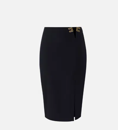 Elisabetta Franchi Straight Gold Buckle Polyester Pencil Skirt In Black