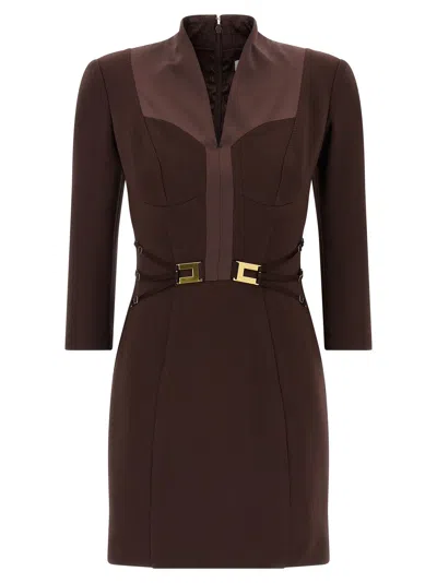 ELISABETTA FRANCHI LOGO DRESS WITH ELASTIC BANDS DRESSES BROWN