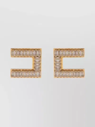 Elisabetta Franchi Logo Earrings Baguette Rhinestones In Gold