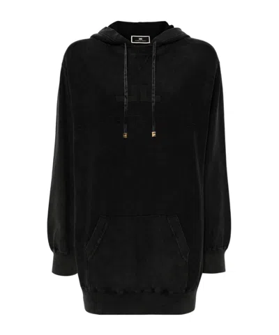 Elisabetta Franchi Logo-embroidered Hooded Sweatshirt Dress In Black