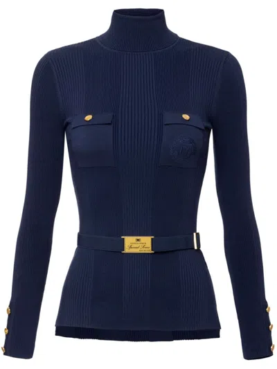 Elisabetta Franchi Logo-embroidery Narrow-rib Turtleneck Top In Blue