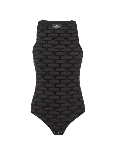 Pre-owned Elisabetta Franchi Logo Flocked Bodysuit In Gray