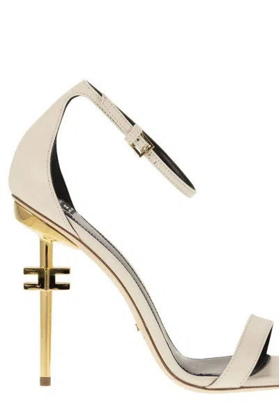 Elisabetta Franchi Leather Sandals With Logo Heel In Butter