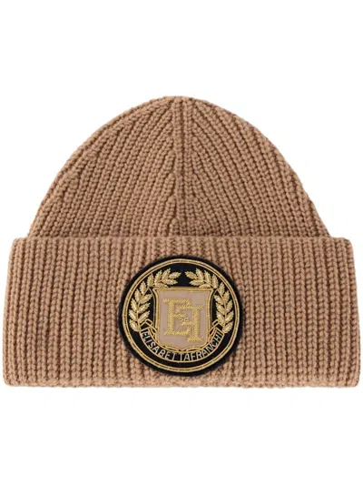 Elisabetta Franchi Logo Patch Beanie In Brown