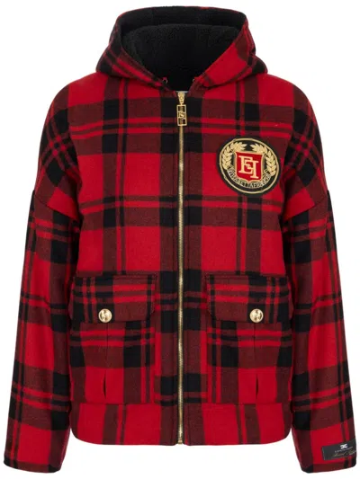 Elisabetta Franchi Logo-patch Checked Jacket In Red Passion/nero