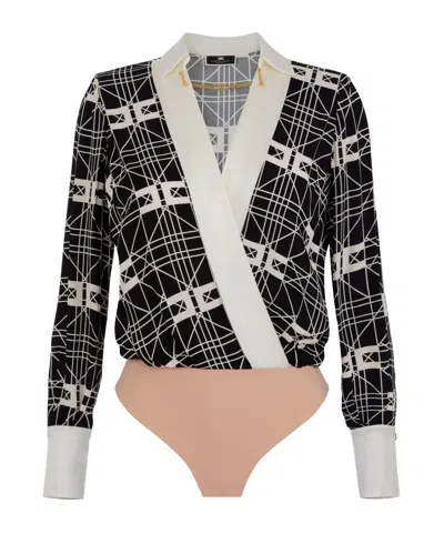 ELISABETTA FRANCHI ELISABETTA FRANCHI ALLOVER LOGO PRINTED V-NECK BODYSUIT
