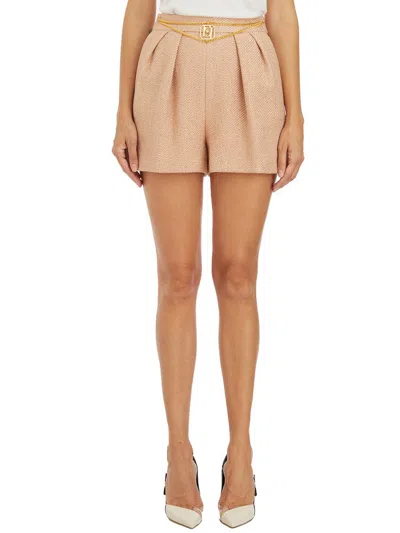 Elisabetta Franchi Luxe Laminated Tweed Mini Shorts, 3-inch Inseam In Pink