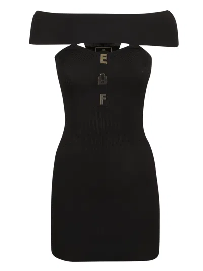 Elisabetta Franchi Logo Plaque Off-shoulder Knit Mini Dress In Black