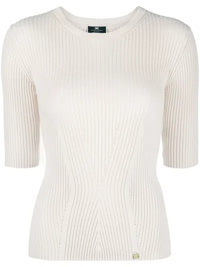 Elisabetta Franchi Logo Plaque Ribbed-knit Top In 中性色