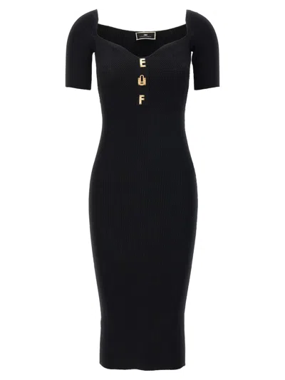 Elisabetta Franchi Logo Plaque Ribbed Midi Dress In Black