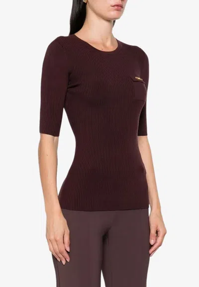 Elisabetta Franchi Logo Plaque Ribbed Top In Brown