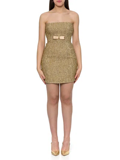 Elisabetta Franchi Logo Plaque Straples Tweed Mini Dress In Gold
