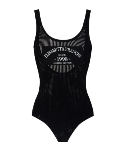 Elisabetta Franchi Ribbed Knit Bodysuit With Contrasting Logo Print In Black