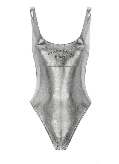 Elisabetta Franchi Logo Printed Scoop Neck Metallic Bodysuit In Silver