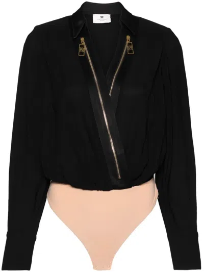 Elisabetta Franchi Logo-zip Detail Georgette Bodysuit In Black