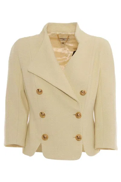 Elisabetta Franchi Logoed Button Tweed Jacket In Brown