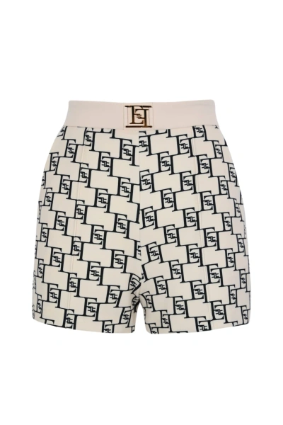 Elisabetta Franchi Logoed Crepe Shorts With Gold Plate In Burro Nero