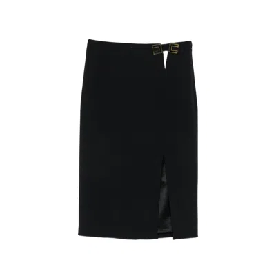 Elisabetta Franchi Black Midi Skirt With Front Single Slit And Cut-out With Logo Plaque In Tech Fabric Stretch Woman