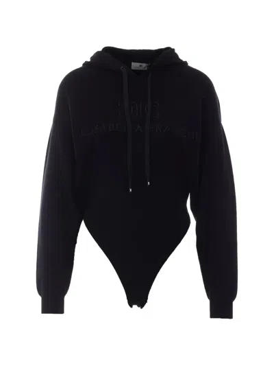 Elisabetta Franchi Logo-embroidered Hoodie Bodysuit In Black