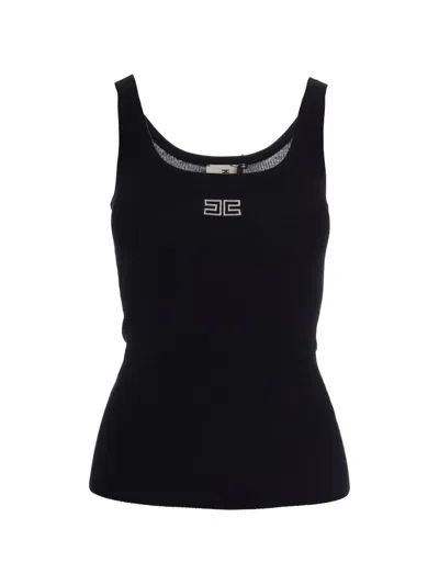 Elisabetta Franchi Fitted Ribbed Knit Tank Top With Tubular Edging In Black