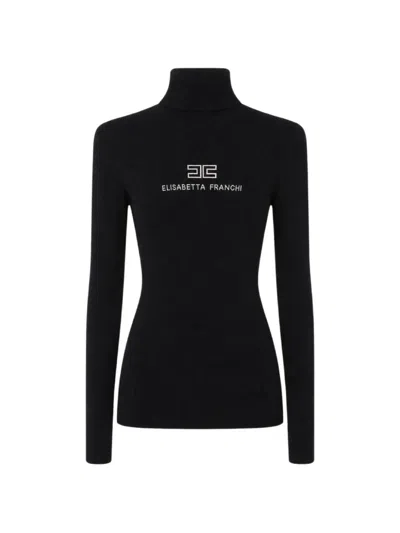 Elisabetta Franchi Logo-embroidered Ribbed-knit Sweater In Black