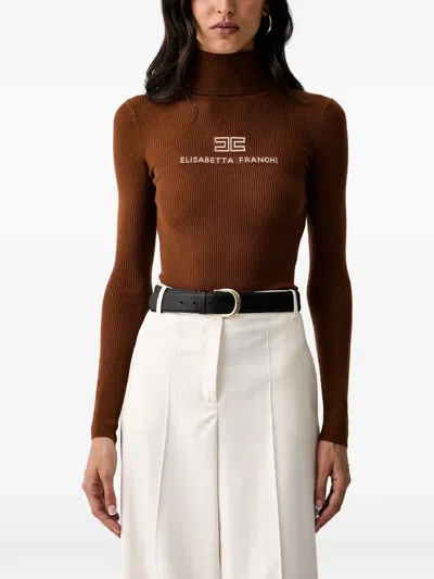 Elisabetta Franchi Logo-embroidered Ribbed-knit Sweater In Brown