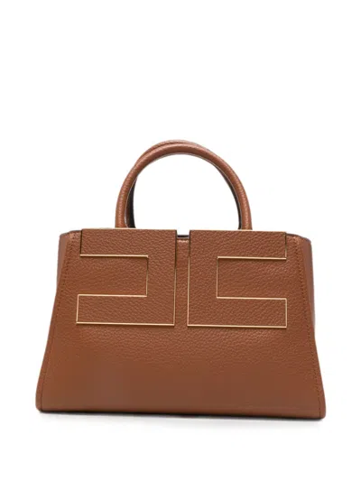 Elisabetta Franchi Structured Brown Geometric Hardware Handbag In Pink