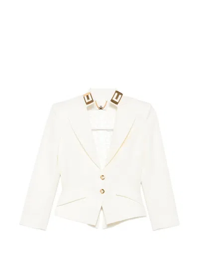 Elisabetta Franchi Tailored Jacket With Deep V-neckline And Gold Accents In White