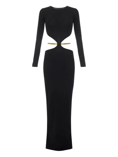 ELISABETTA FRANCHI LONG BLACK CUT-OUT DRESS WITH BELT ELISABETTA FRANCHI