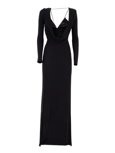 ELISABETTA FRANCHI LONG BLACK DRESS WITH DRAPED BACK