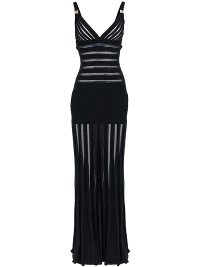 Elisabetta Franchi Long Dress With Sheer Panels And Striped Pattern In Black