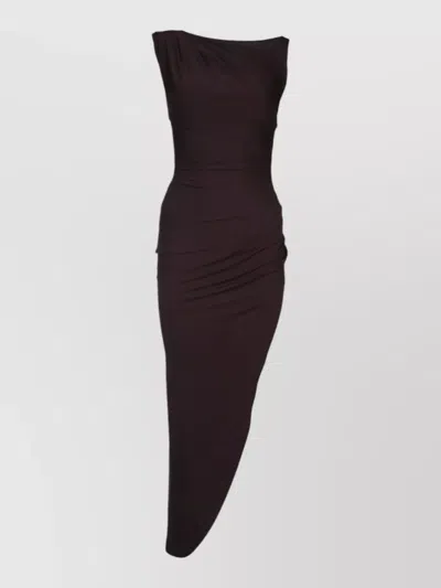 Elisabetta Franchi Long Dress Asymmetric Hem Ruched Sleeveless In Brown