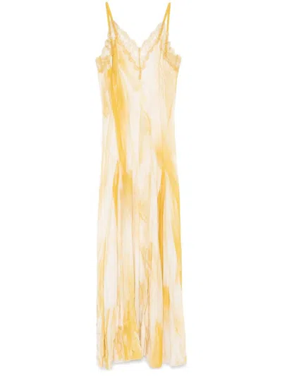 Elisabetta Franchi Long Dress In White And Yellow With Adjustable Shoulder Straps In Bianco E Beige