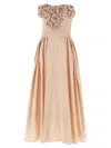 Elisabetta Franchi Embellished Floral Pleated Strapless Long Dress In Pink