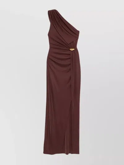 Elisabetta Franchi Long Dress With Draped Detailing And Front Slit In Brown