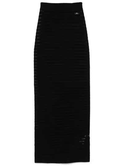 Elisabetta Franchi Long Fitted Skirt With Open-knit Design And Subtle Slit In Black