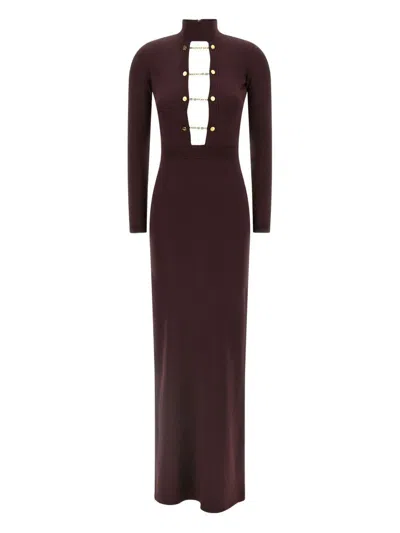 ELISABETTA FRANCHI LONG KNITTED DRESS WITH MERLOT JEWEL CUFFLINK DETAIL ELISABETTA FRANCHI