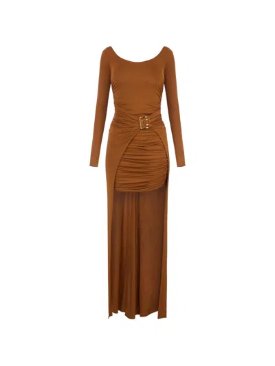 Elisabetta Franchi Long Ochre Dress With Golden Buckle At The Waist  In Brown