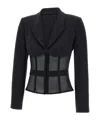 Elisabetta Franchi Tailored Blazer With Sheer Tulle Panels In Black