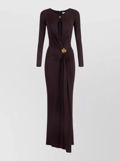 Elisabetta Franchi Long Sleeve Dress Keyhole Neckline Slit In Brown