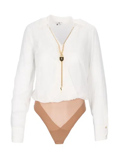 Elisabetta Franchi Long Sleeve Gold Chain Bodysuit In White