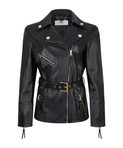 Elisabetta Franchi Long Sleeve Leather Jacket In Black