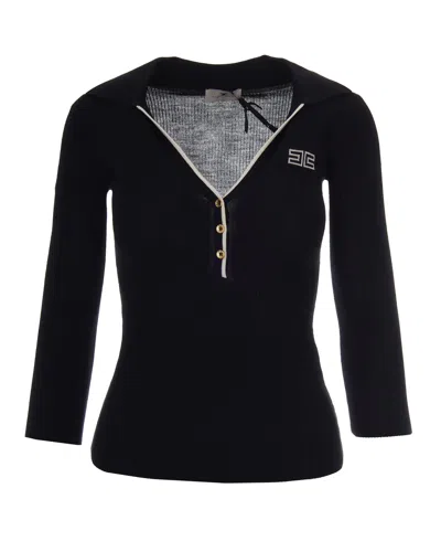 Elisabetta Franchi Long Sleeve Ribbed Knit Polo Top In Black