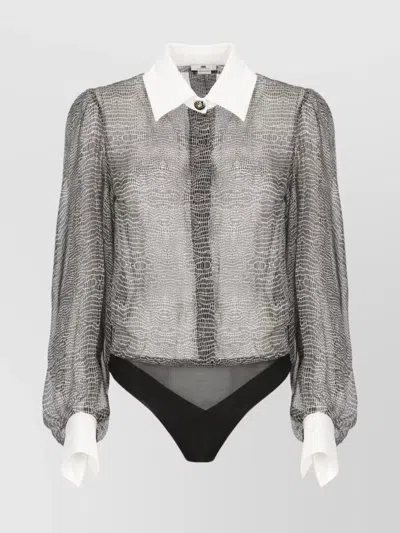 Elisabetta Franchi Long Sleeve Sheer Collared Silk Shirt In Gray