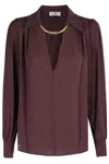 Elisabetta Franchi Long-sleeve V-neck Blouse With Logo Necklace In Brown