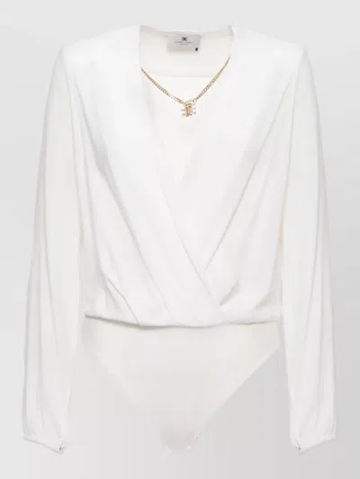 Elisabetta Franchi Long Sleeve V Neck Wrap Bodysuit Shirt In White