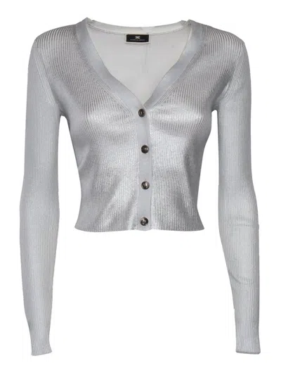 Elisabetta Franchi Silver Laminated Cropped Cardigan In Silber